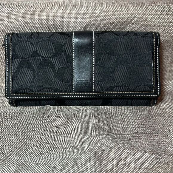 Coach Signature Jacquard & Leather Credit Card Wallet - Picture 1 of 11